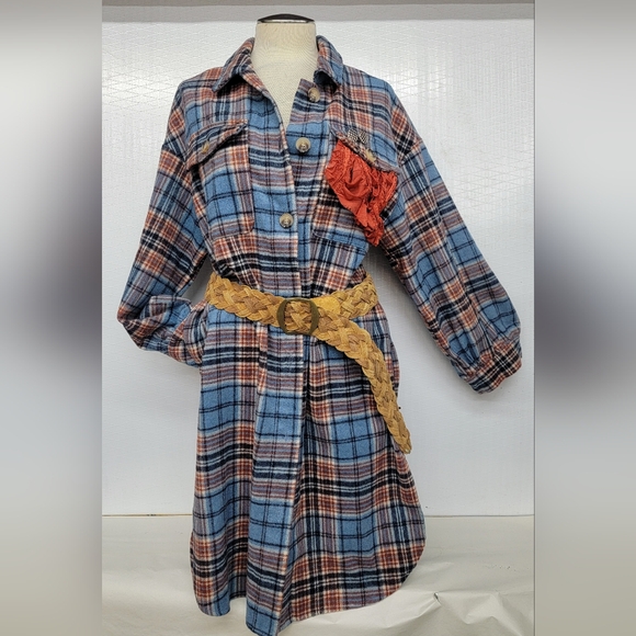 Southwest Thunderbird Flannel Plaid Long Coat Upcycled Renewed - Picture 3 of 14